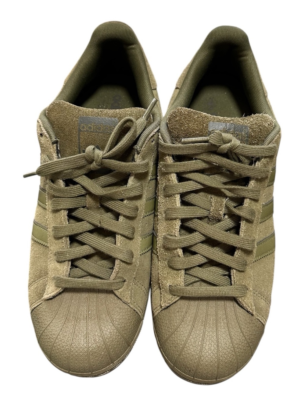 Adidas Superstar Sneakers Men’s 9  Olive Green. Preowned with box.